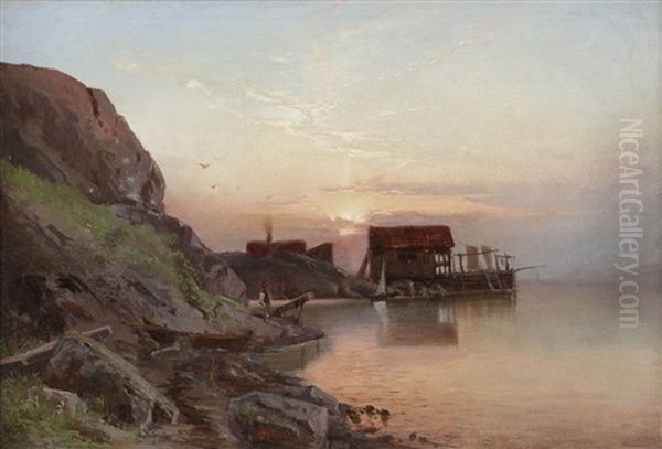 Kystlandskap Med Fiskevaer Oil Painting by Reinholdt Fredrik Boll