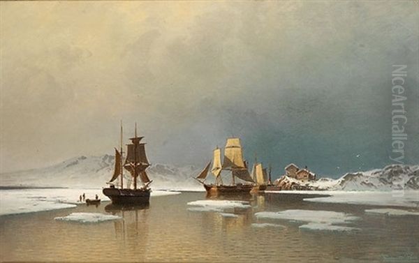 Seilskuter Pa Islagt Fjord Oil Painting by Reinholdt Fredrik Boll