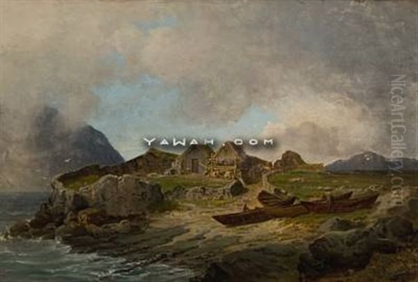 Fiskehytter Ved Fagefjord, Island Oil Painting by Reinholdt Fredrik Boll