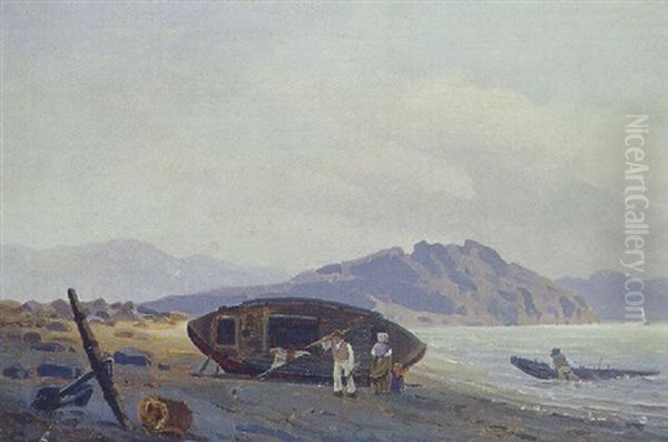 Fiskere Ved Deres Bade Pa Stranden Oil Painting by Reinholdt Fredrik Boll