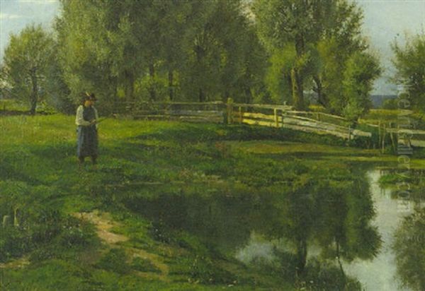 Junger Angler Am Flussufer Oil Painting by Louis (Jakob Ludwig W.) Boller