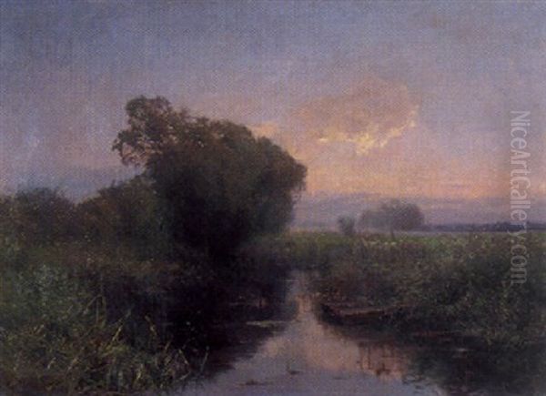 Sommerlandschaft Mit Einem Weiher, Schilf Und Baumen Oil Painting by Louis (Jakob Ludwig W.) Boller