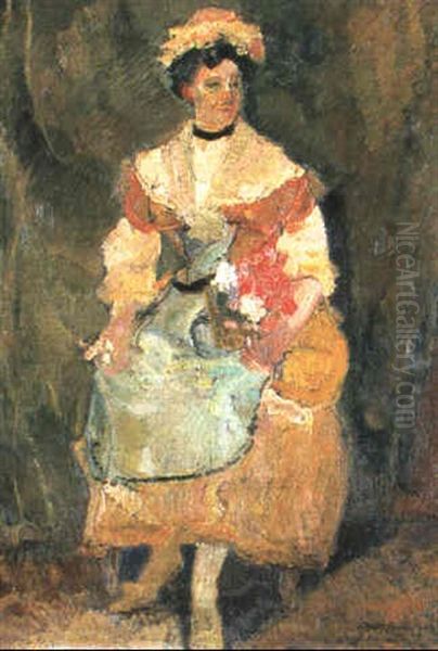 Frau In Tracht Mit Blumenstrauss Oil Painting by Rodolphe Bolliger