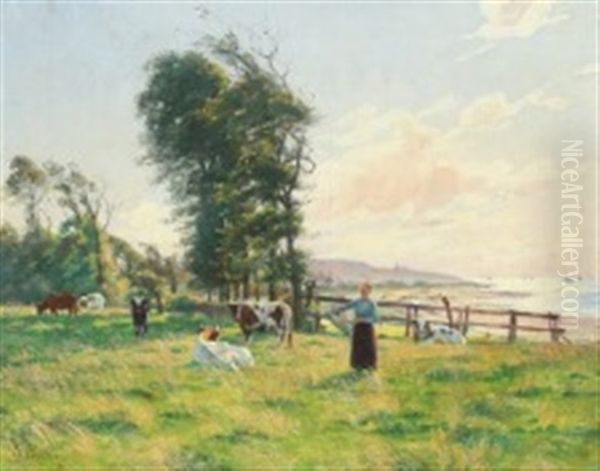 A Milk Maid And Cows In A Field By The Coast Oil Painting by Sigrid Bolling