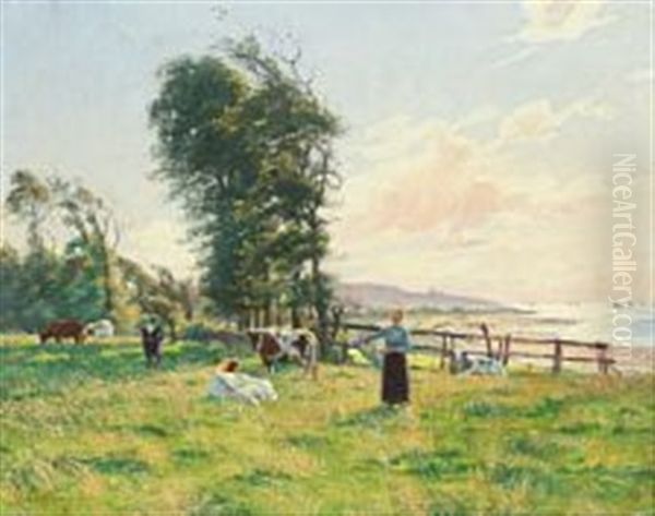 A Milk Maid And Cows In A Field By The Coast Oil Painting by Sigrid Bolling