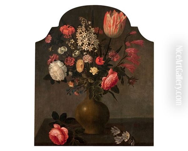 Nature Morte Au Vase De Fleurs Sur Un Entablement Oil Painting by Hans Bollongier