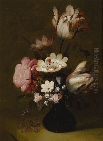 Still Life With Tulips, Peonies, Anemones, Hyacinths And Other Flowers In A Glass Vase On A Stone Ledge Oil Painting by Hans Bollongier