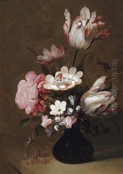 A Glass Vase With Tulips, Peonies And Other Flowers On A Stone Ledge Oil Painting by Hans Bollongier