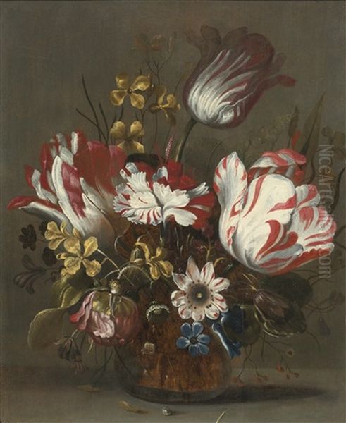 Tulips And Other Flowers In A Glass Vass Oil Painting by Hans Bollongier