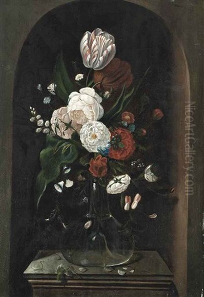 Parrot Tulips, Roses And Other Flowers In A Glass Vase, With A Butterfly, On A Stone Plinth In A Niche Oil Painting by Hans Bollongier