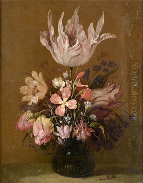 Tulips, Roses And Other Flowers In A Glass Vase Oil Painting by Hans Bollongier