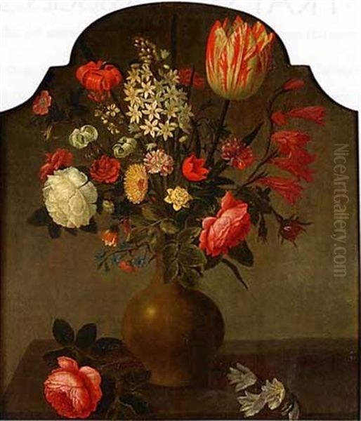 Nature Morte Au Vase De Fleurs Sur Un Etablement Oil Painting by Hans Bollongier