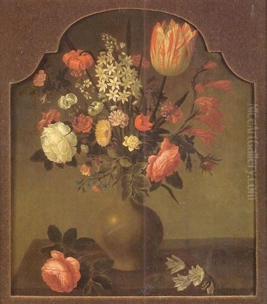 Nature Morte Au Vase De Fleurs Sur Un Entablement Oil Painting by Hans Bollongier