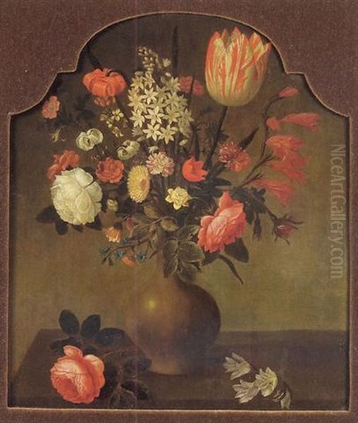 Nature Morte Au Vase De Fleurs Sur Un Entablement Oil Painting by Hans Bollongier