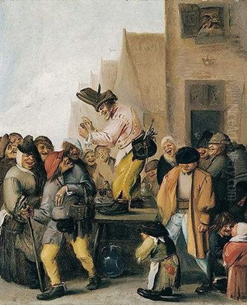 A Street Scene With A Quack Surrounded By Peasants Oil Painting by Hans Bollongier