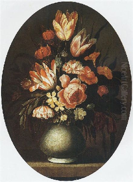 Still Life Of Flowers, Including Tulips, Roses, Carnations, Daffodils, Morning Glory, Lilies And Snowdrops In A Vase Oil Painting by Hans Bollongier