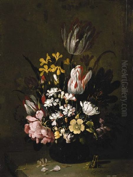 Tulips, Roses And Other Flowers In A Vase, With A Grasshopper And A Caterpillar On A Ledge Oil Painting by Hans Bollongier