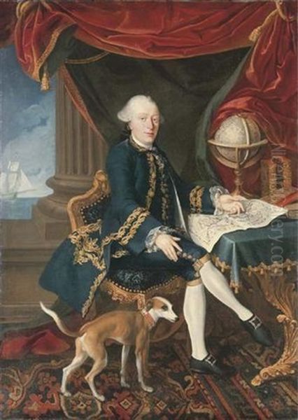 Portrait Of Pieter Hendrick Koppiers In A Blue And Gold Embroidered Coat And Waistcoat, Seated In An Interior, His Left Hand On A Map On A Table, His Dog At His Feet, A View With A Sailing Ship Beyond Oil Painting by Benjamin Samuel Bolomey