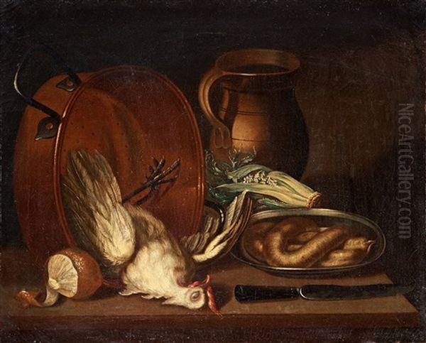 Still Life With A Hen, Sausage, Vegetables And Utensils Oil Painting by Lars Henning Boman