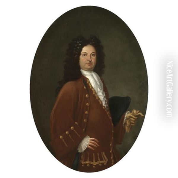 Portrait Of A Gentleman Wearing A Maroon Coat And Holding A Glove Oil Painting by Sebastiano Bombelli