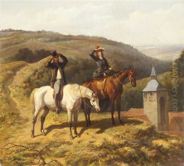 Elegantes Reiterpaar Auf Einer Anhohe In Die Ferne Blickend Oil Painting by Karel Frederik Bombled