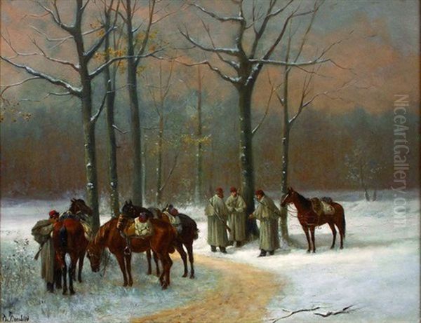 Cavaliers Dans Un Sous-bois Enneige Oil Painting by Louis Charles Bombled