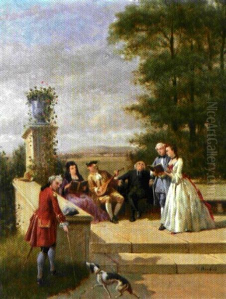 Chanteurs En Plein Air Sur Une Terrasse Oil Painting by Louis Charles Bombled