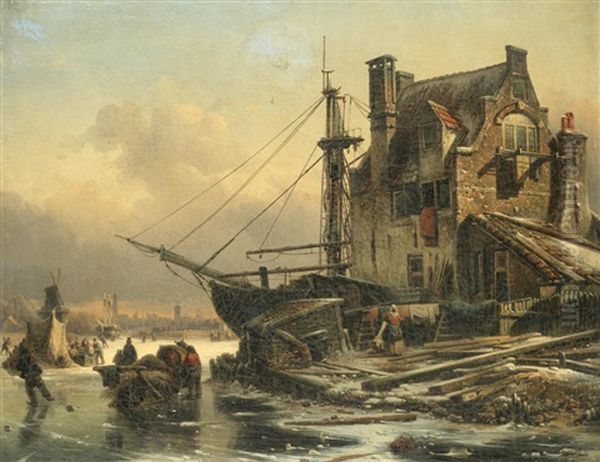 Figures On Frozen River By A Town Oil Painting by Elias Pieter van Bommel