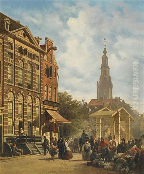 Markttreiben Vor Dem Rembrandthaus In Amsterdam Oil Painting by Elias Pieter van Bommel