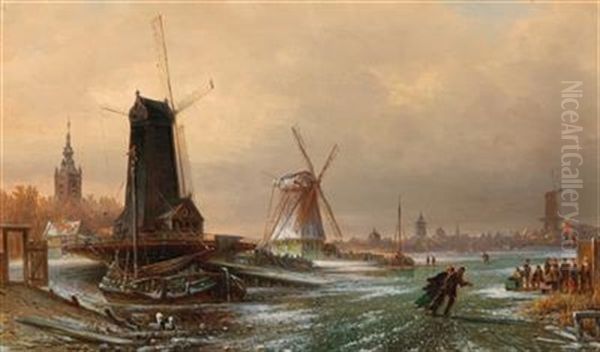 Dutch Sawmill, Water Mill And Flour Mill, Near Amsterdam Oil Painting by Elias Pieter van Bommel