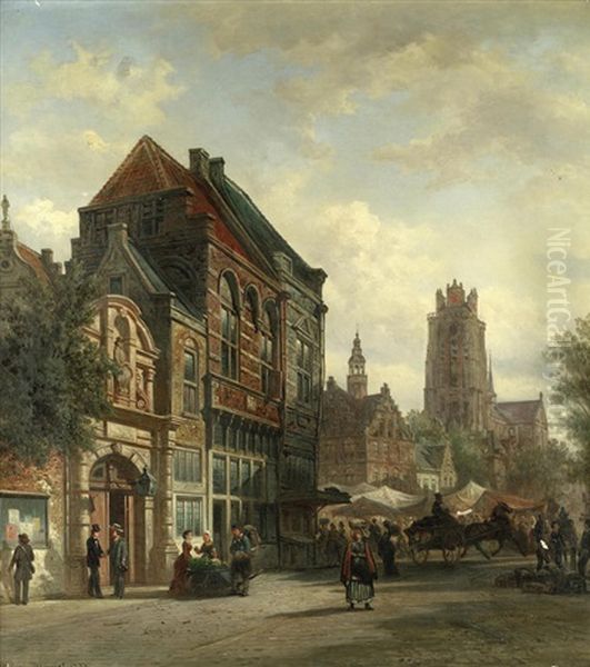 Street Scene, Dordrecht Oil Painting by Elias Pieter van Bommel