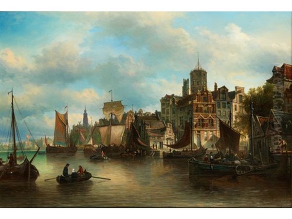 Hafenansicht Der Gebaude Am Westerdok In Amsterdam Oil Painting by Elias Pieter van Bommel