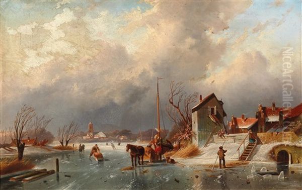 Canal Landscape In Winter Oil Painting by Elias Pieter van Bommel