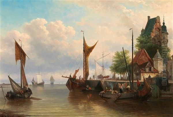 Sailboats In The Harbour Oil Painting by Elias Pieter van Bommel