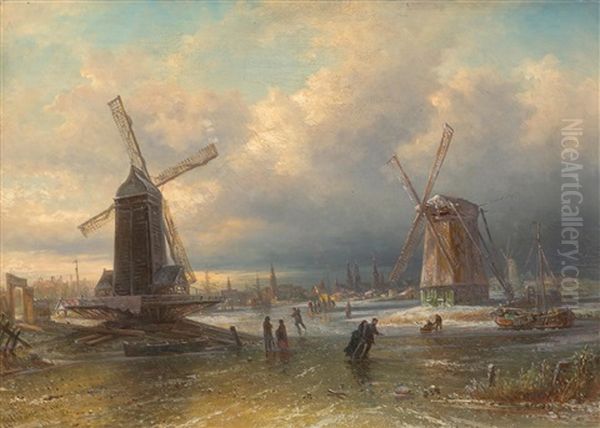 Figures On Ice Before A Dutch City Oil Painting by Elias Pieter van Bommel