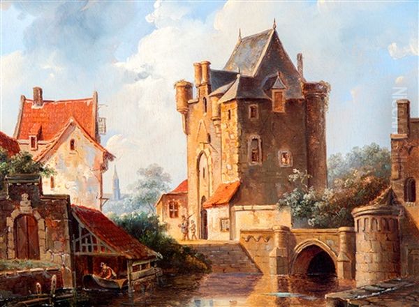 Houses Along A Canal Oil Painting by Elias Pieter van Bommel