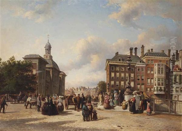 Die Borse Von Rotterdam: Numerous Townsfolk On A Square, Rotterdam Oil Painting by Elias Pieter van Bommel