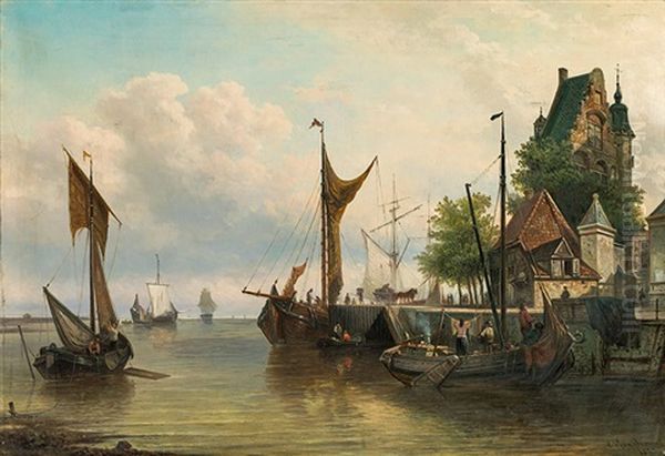 Sailing Ships In The Harbour Oil Painting by Elias Pieter van Bommel