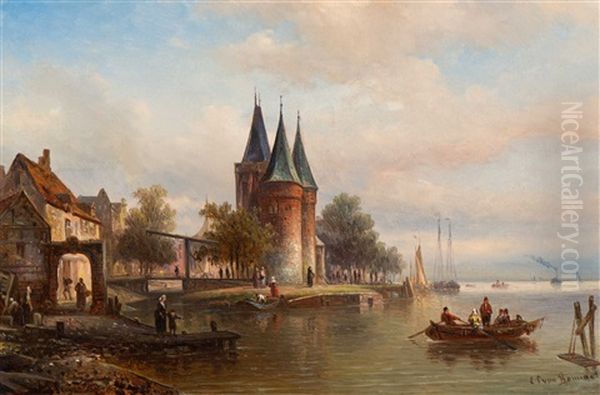 Figures By The Koornmarktspoort On The Ijssel In Kampen by Elias Pieter van Bommel