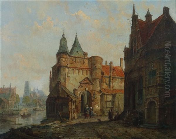 Rotterdam, Hauser Und Ein Stadttor Am Fluss Oil Painting by Elias Pieter van Bommel