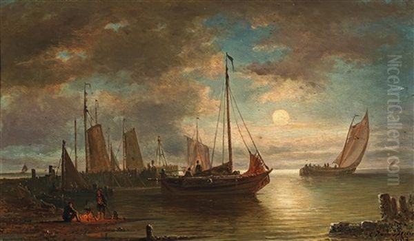 Dutch Harbour View In The Moonlight Oil Painting by Elias Pieter van Bommel