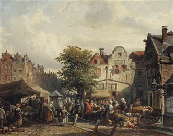 A Bustling Market Day Oil Painting by Elias Pieter van Bommel