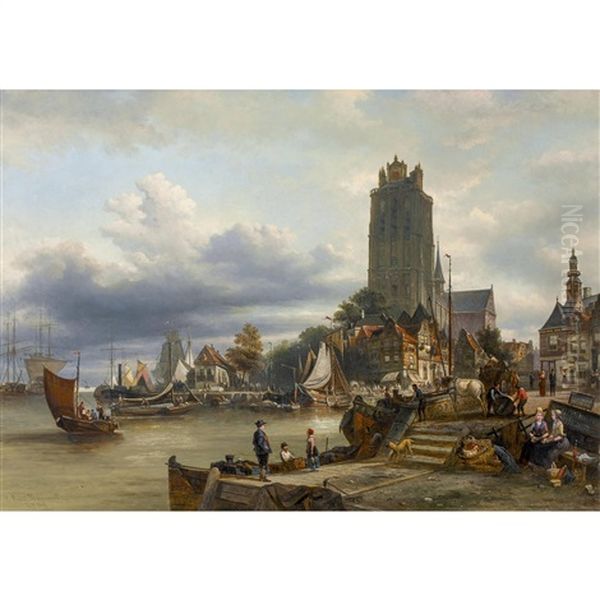 Blick Auf Den Hafen Von Dordrecht Mit Grote Kerk Oil Painting by Elias Pieter van Bommel