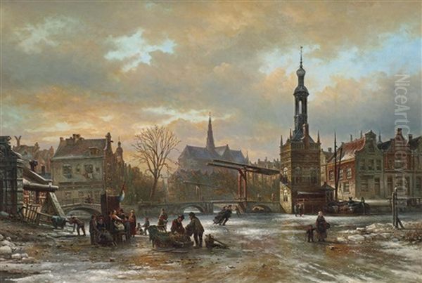 Figures Skating On The Ice With The St. Bavo Church In The Background, Haarlem Oil Painting by Elias Pieter van Bommel