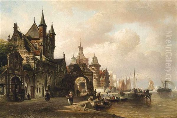 Busy Shipping Port Oil Painting by Elias Pieter van Bommel