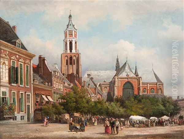 View Of The Kerkplein Square And The Eusebius Church In Arnhem Oil Painting by Elias Pieter van Bommel