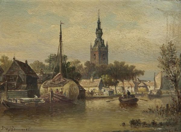 The Village Of Overschie Near Rotterdam (+ Winter Landscape In The Surroundings Of Amsterdam; Pair) Oil Painting by Elias Pieter van Bommel