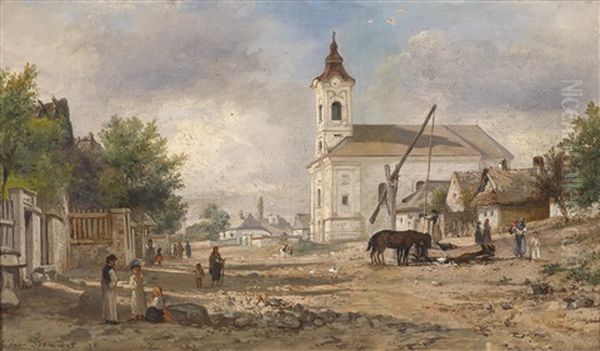 Ein Kirchvorplatz Mit Brunnen Oil Painting by Elias Pieter van Bommel