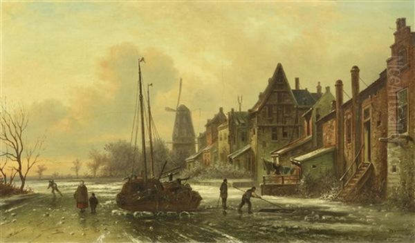 Winterliche Kanallandschaft Am Rande Einer Hollandischen Kleinstadt Oil Painting by Elias Pieter van Bommel