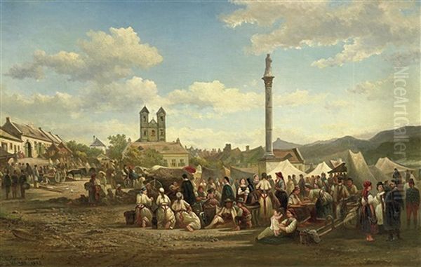 Markt In Einer Ungarischen Stadt Nahe Sahy Im Komitat Hont Oil Painting by Elias Pieter van Bommel